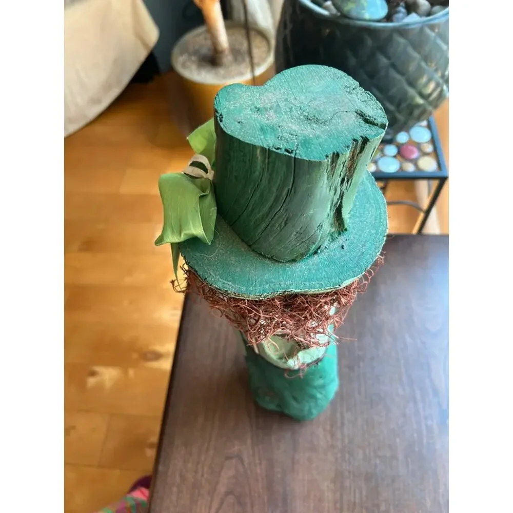 17” Hand painted folk art wood leprechaun figurine signed w/ green top hat